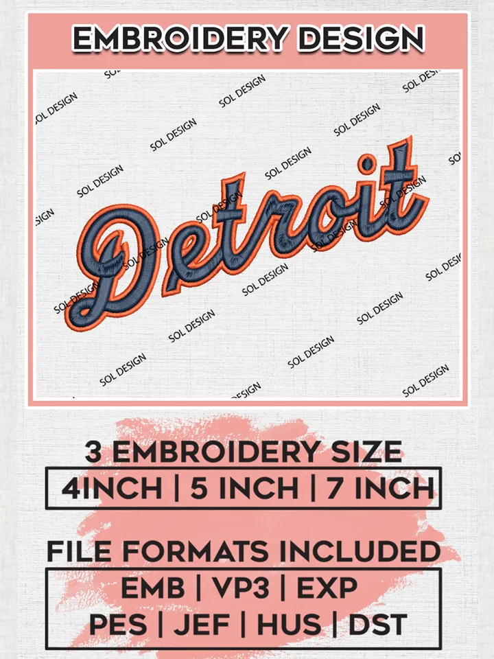 MLB Detroit Logo Embroidery Files, MLB Detroit Tigers Wordmark Embroidery, NCAA Teams, 3 sizes, MLB Machine embroidery designs, Digital Download