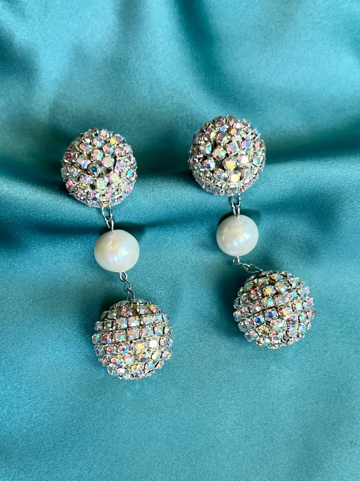 Crystal Balls and natural pearl on Chain Earrings