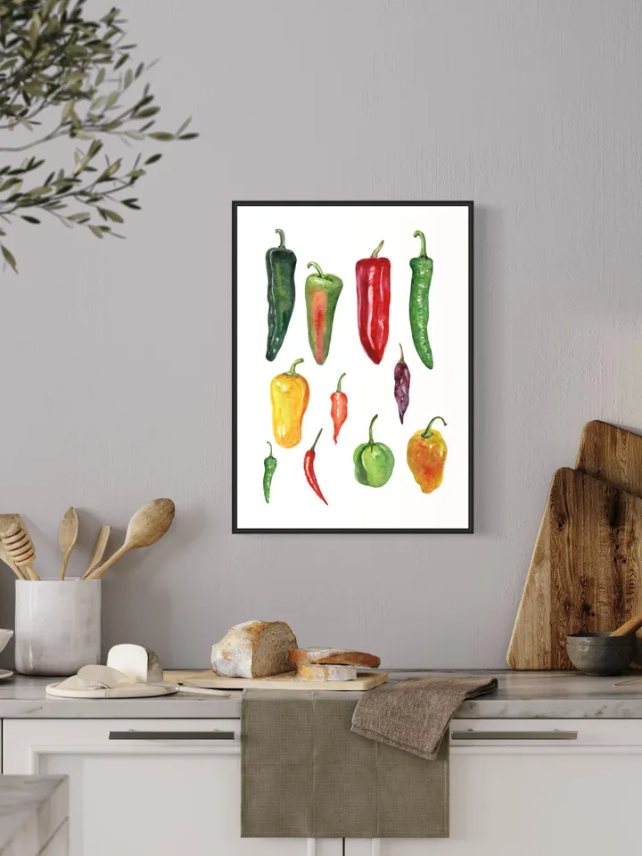 Chili Peppers Art Print, Watercolor Painting, Colorful Vegetables Art, Restaurant Decor, Kitchen Art Print, Chef Gift, Red Hot Pepper Print