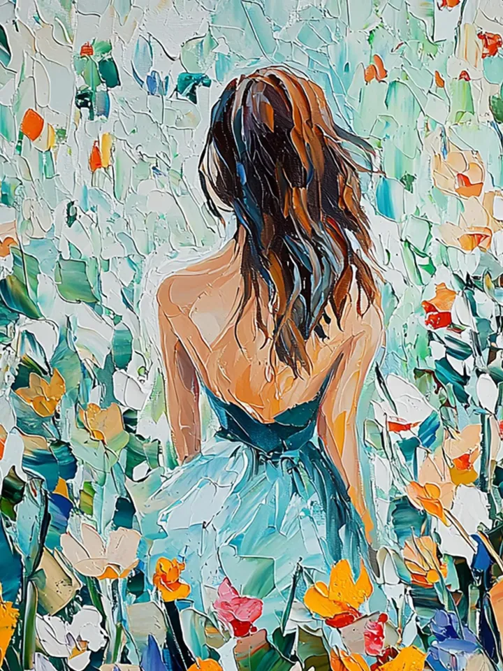 Large Impasto Woman in Flower Field Oil Painting, Colorful Garden Landscape, Textured 3D Original Art, Romantic Wall Art Decor,Gift for Her