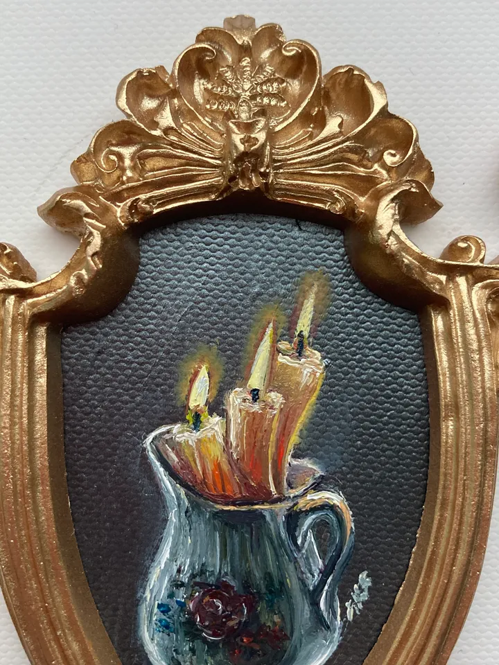Candle Oil Painting Original In Vintage Style Frame Small Framed Still Life Art