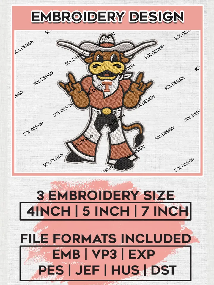NCAA Texas Longhorns Team Mascot Logo Embroidery Design Files, NCAA Texas Longhorns Machine Embroidery, NCAA Teams, 3 sizes, NCAA Machine embroidery designs, Digital Download