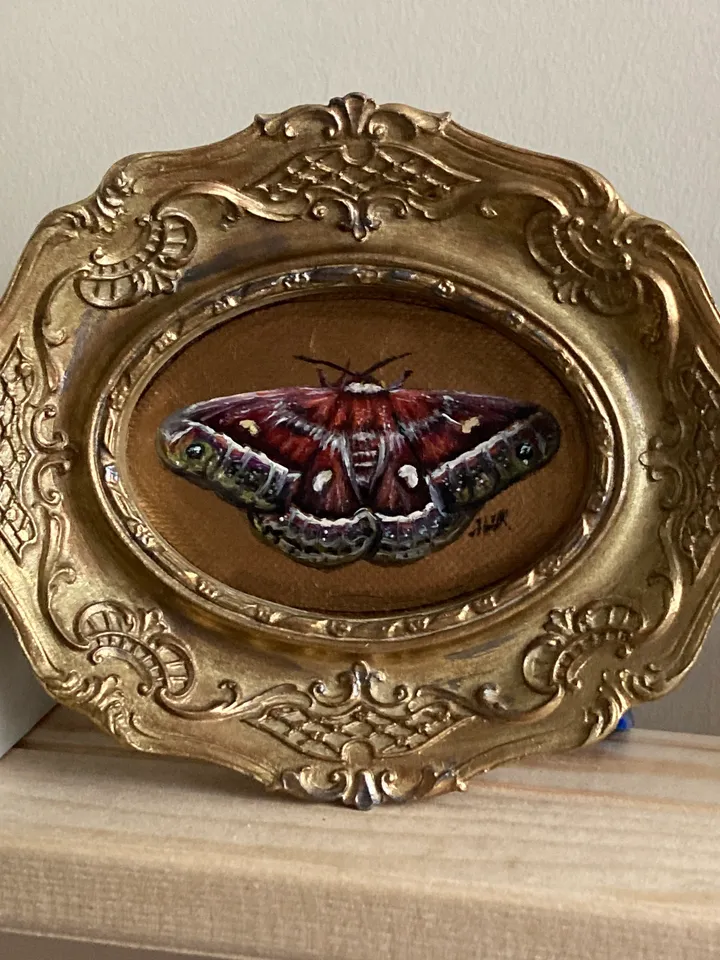 Moth Painting Original Gold Frame Art Original Oil Painting Small