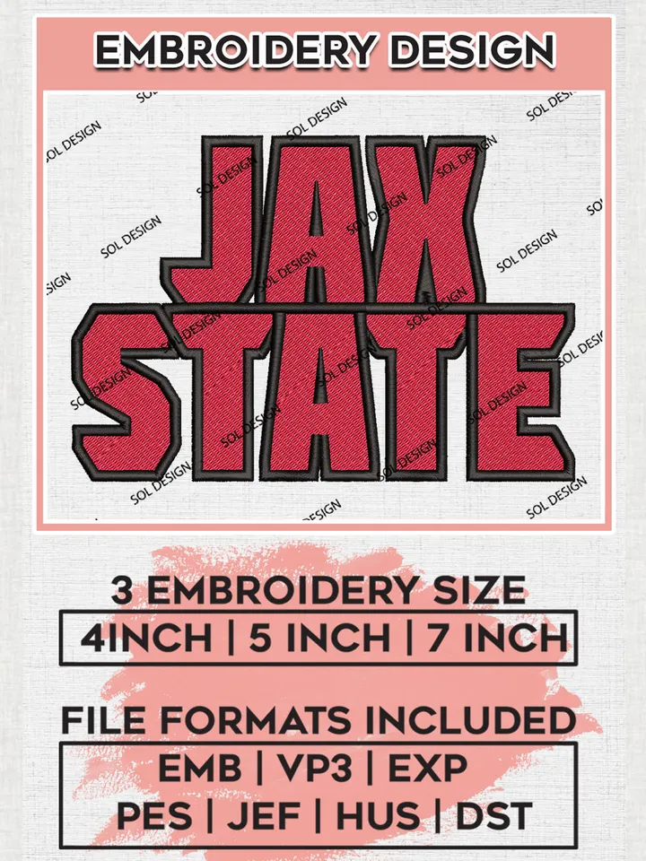 NCAA Jax State Football Team Word Logo Embroidery Design Files, NCAA Jacksonville State Gamecocks Machine Embroidery, NCAA Teams, Game Day, 3 sizes, NCAA Machine embroidery designs, Digital Download