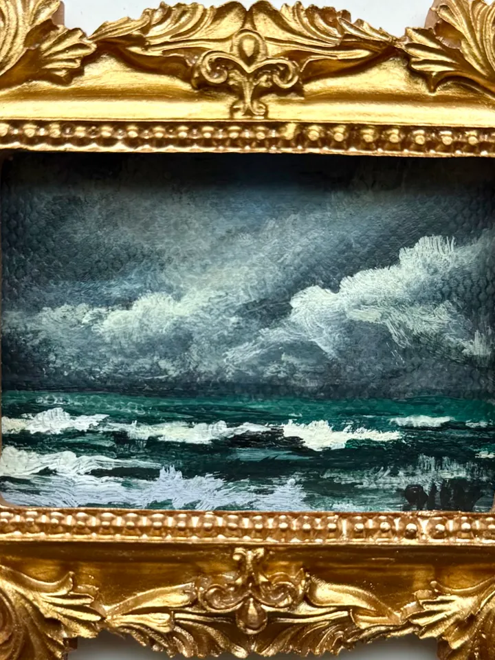 Small Landscape Acrylic Painting Framed Original Stormy Coast Painting Antique Ocean Art Gold Frame Tiny Paintings 3 x 4 Wave Art