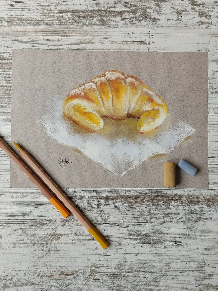 Croissant. Original soft pastel drawing.