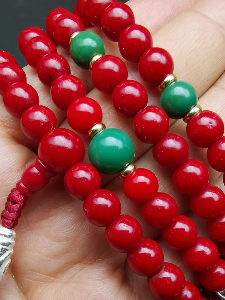 Gandhanra Old Tibeatan Red Glass Mala,8mm Prayer Beads with Turquoise Beads Silver Dzi Bead
