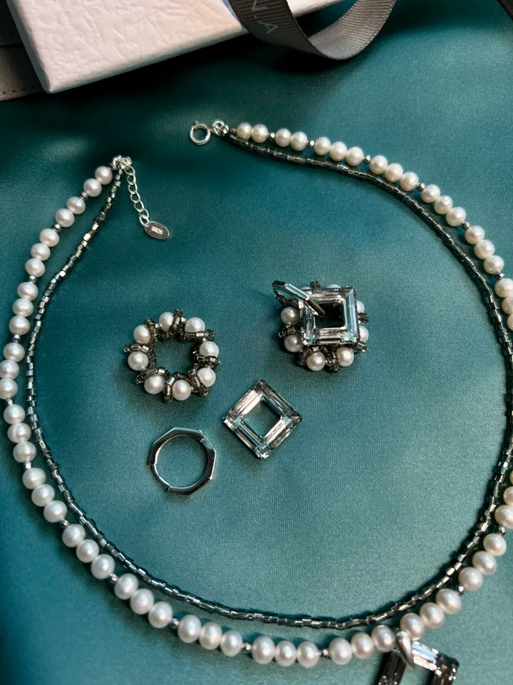 Pearl Silver 925 Jewelry Set Necklace Earrings RHOMBUS