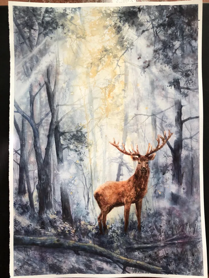 Forest Original Painting Sunset Watercolor Landscape Deer Wall Art