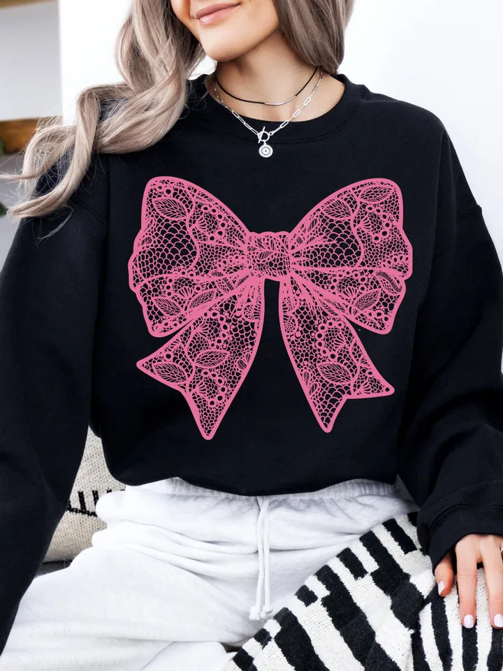 Coquette White Lace Bow PNG Coquette Bow Shirt Design Faux Embroidery Girly Valentines Day PNG Easter PNG Spring Png Mothers Day Girly Png