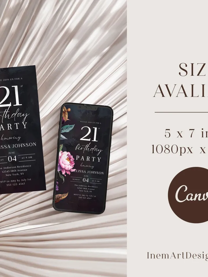 21st Birthday Invitation for women – Moody Burgundy & Blush Peony Floral Invitation, Elegant Dark Men Birthday Party Invite Canva Template