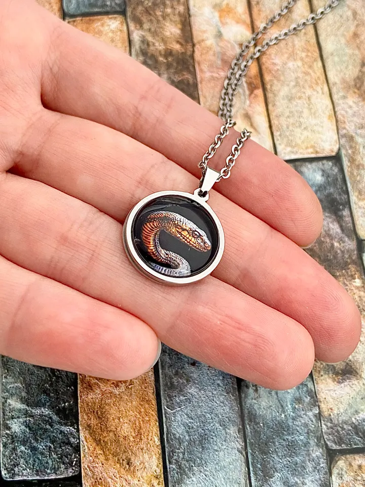 Snake necklace, steel pendant with glass, Reptile lover gift