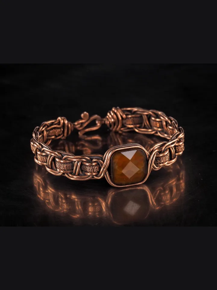Copper wire wrapped brown agate bracelet Unique woven copper wire bangle