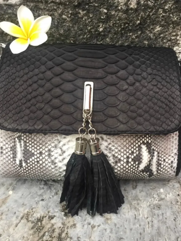 Small Black And Gray Chain Crossbody Bag | Classy Women Purse | Exotic Leather Bags | Handmade Snake Small Tassel Bag | Snakeskin clutch