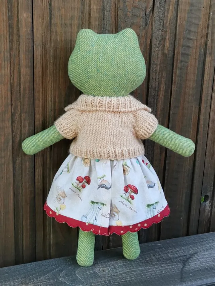 Green frog girl, handmade soft toad toy, textile stuffed doll, fabric frog