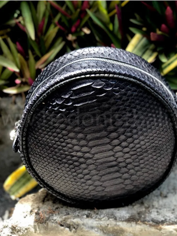 Genuine Python Skin Black Round Crossbody Chain Bag | Round Bags | Exotic Leather Bags | Classy Women Leather Snakeskin Bag | Designer Bag