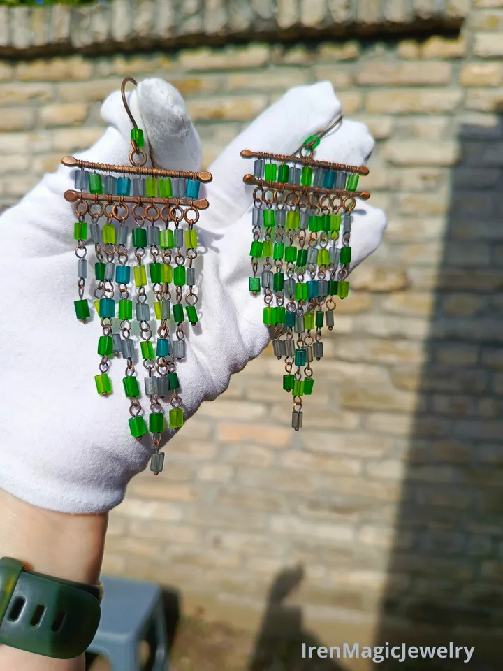 Copper Earrings with Green-Gray Beads