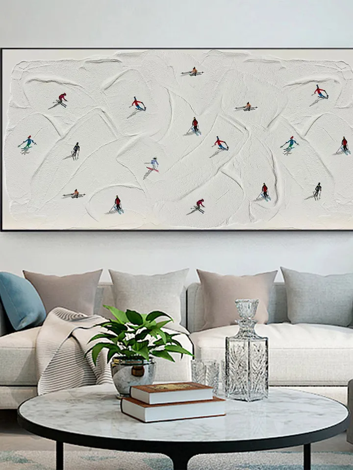 Large Original Ski Sport Painting on Canvas, Texture Wall Art, Skier on Snowy Mountain Art White Snow Skiing Art Custom Painting, Home Decor