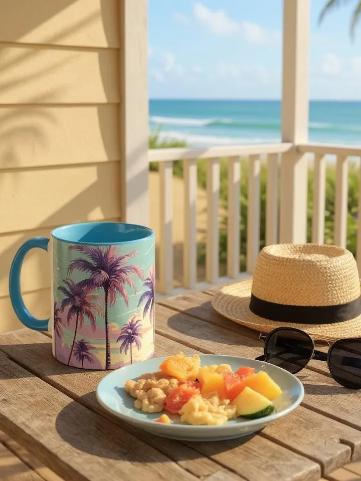 Retro Palm Tree Sunset Mug with 70s Aesthetic Coastal Vibes, Summer Pastel Boho Coffee Cup, Beach Lover Gift Idea, Home Decor, Gift For Her