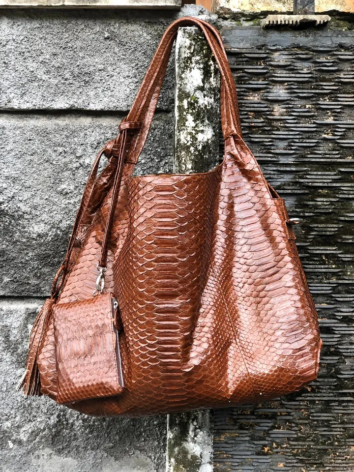 Big Soft Hobo Genuine Python Skin Polished Brown Bag | Exotic Python Leather Bag | Large Soft Leather Handmade Bag | Snakeskin Bag Woman
