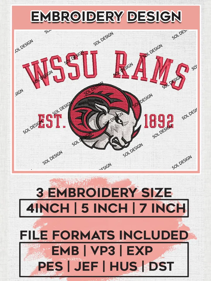 NCAA WSSU Rams Team Est 1892 Logo Embroidery Design Files, NCAA Winston Salem State Rams Machine Embroidery, NCAA Teams, 3 sizes, NCAA Machine embroidery designs, Digital Download