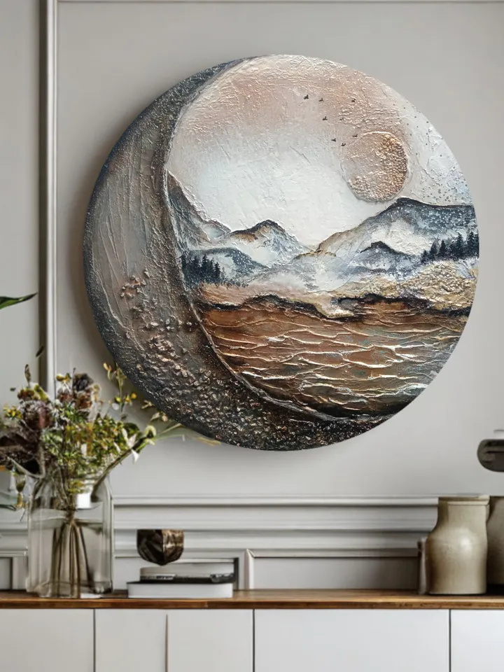 Painting, Wall decor, round painting, abstract landscape, sea mountains