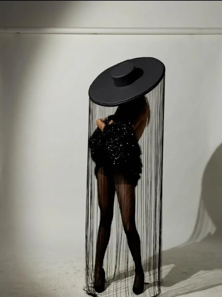 fringed hat, hat with threads, hat for photo shoot, black hat with long threads