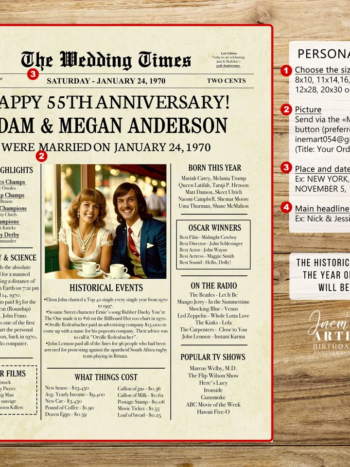 55th Wedding Anniversary Gift for Parents, 1970 Anniversary Newspaper Poster, 55th Anniversary Gifts, Printable Digital Download