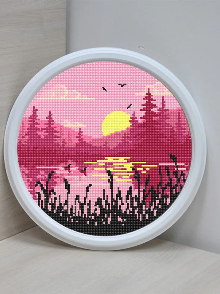 Nature cross stitch pattern download PDF Lake landscape cross stitch Sunset embroidery Forest silhouette xstitch chart DIY Home decor #L15