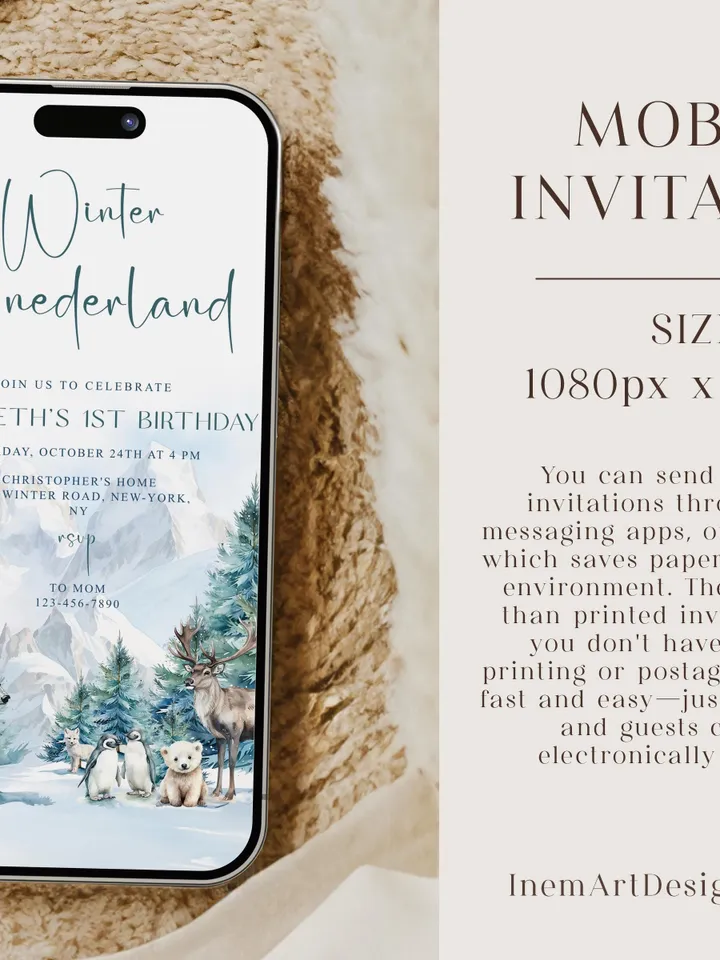 Winter Onederland 1st Birthday Invitation, Snow Woodland 1st Birthday Invite, Winter Onederland, Printable 1st Birthday Invitation - I132
