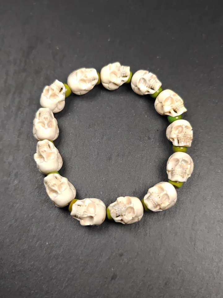 Authentic Tibetan Citipati Skulls Bead Bracelet | Unique White Deer Antler Carved Wrist Mala with Mixed Turquoise