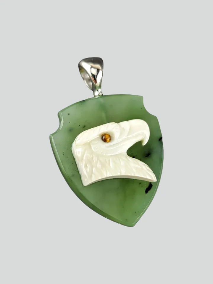 American Bald Eagle Cameo Pendant in White Agate on Jade Shield.