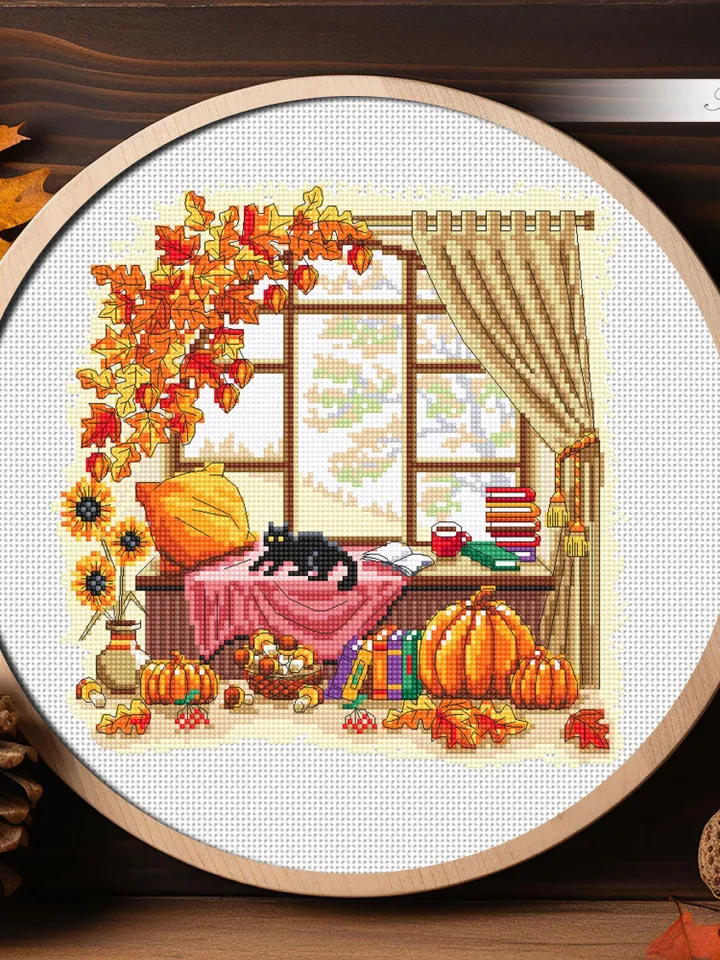 Autumn window cross stitch pattern PDF download Fall cross stitch chart, Autumn pattern digital PDF, Fall leaves embroidery, Home decor #L89