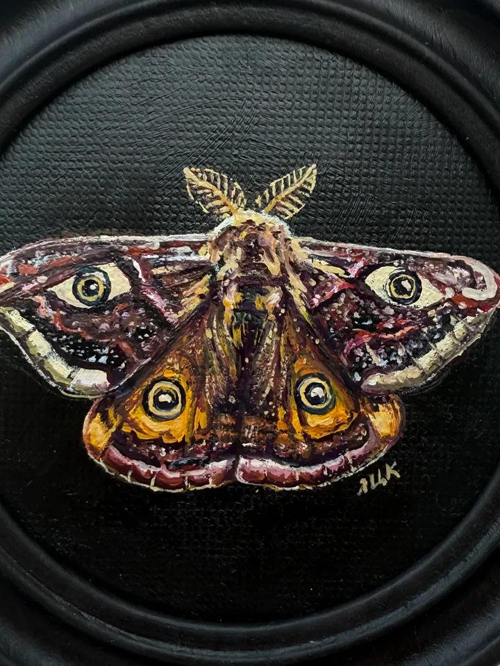 Moth Painting Original Gold Frame Art Round Oil Painting Small Dark Academia Original Painting Dark Framed