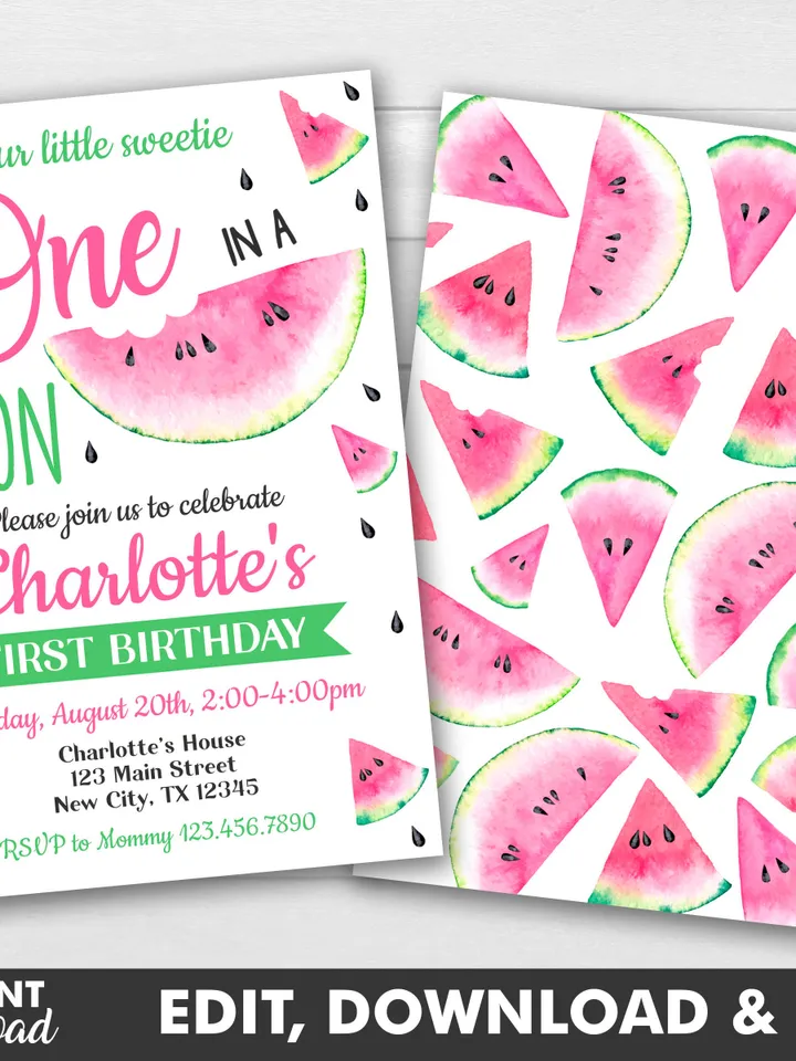 One in a melon invitation, 1st birthday invitation for girls, watermelon birthday invitation, editable template instant download
