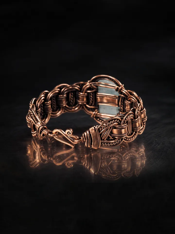 Copper wire wrapped aquamarine bracelet Unique bangle 7th Wedding Anniversary