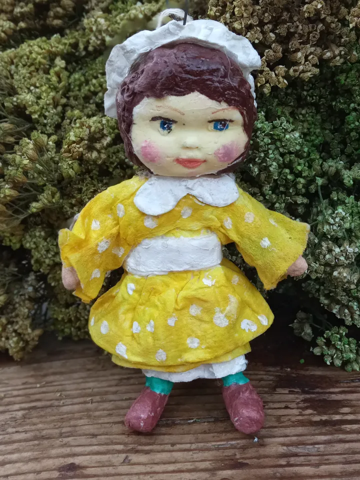 New Year's tree toy. Christmas tree decoration. Christmas presents. Holiday gifts. Small handmade doll in a yellow dress. Made in 1 copy. Free shipping