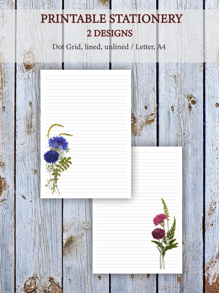 Pressed Cornflowers Printable Letter Writing Paper From Real Dried Plants, Cute Stationery Set, Digital Letter Writing Set