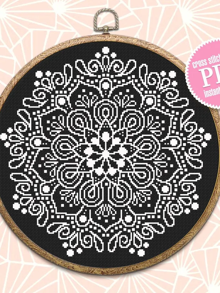 Mandala cross stitch pattern download PDF Modern cross stitch chart Simple mandala digital Monochrome cross stitch floral sampler #M155