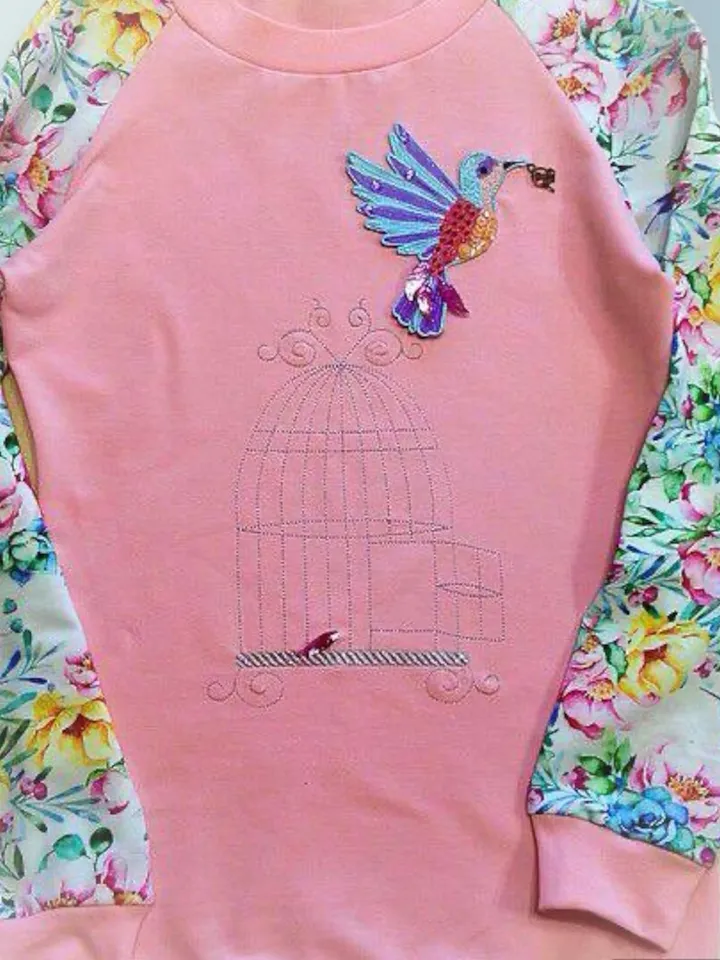 Machine embroidery design FSL Bird Brooch and Embroidered Сage
