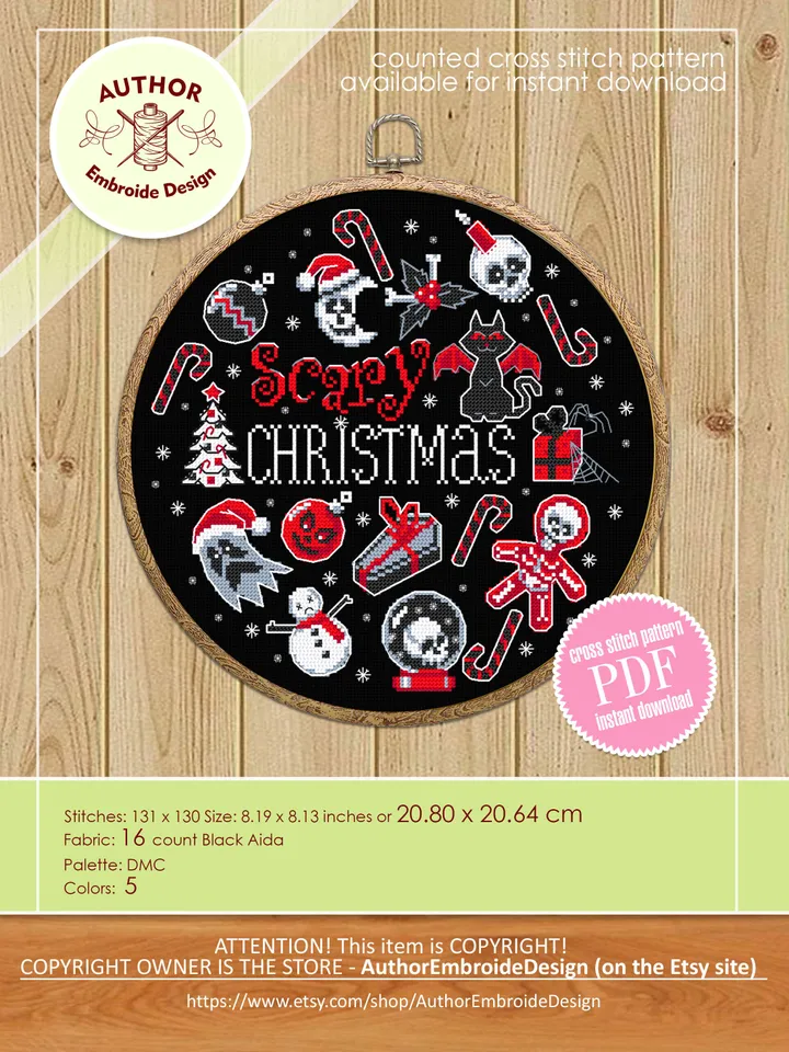 Gothic Christmas cross stitch pattern download PDF Spooky Christmas pattern digital Gothic embroidery PDF, DIY gothic decor Horror gift #N52