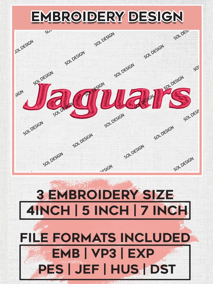 NCAA Jaguars Team Writing Logo Embroidery Design Files, NCAA South Alabama Jaguars Machine Embroidery, NCAA Teams, Game Day, 3 sizes, NCAA Machine embroidery designs, Digital Download