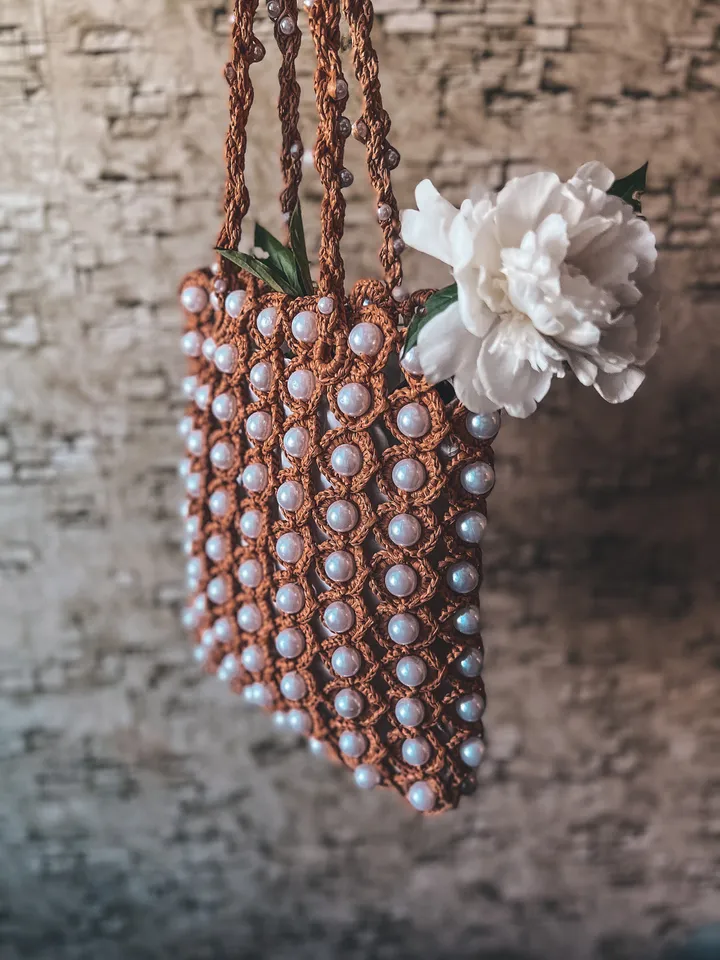 Raffia bag with beads crochet pattern PDF, digital instant download, video tutorial, summer bag, bridesmaid bag, net bag