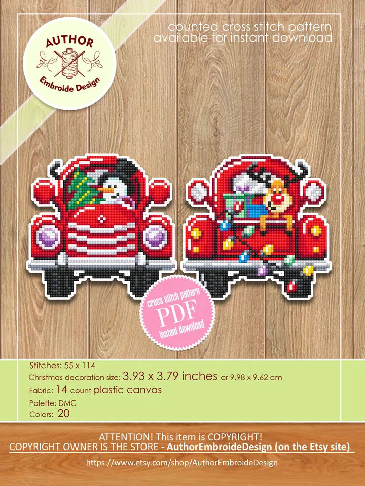 Christmas red truck cross stitch pattern PDF download Double-sided Christmas tree decor for plastic canvas, Funny deer cross stitch #N130