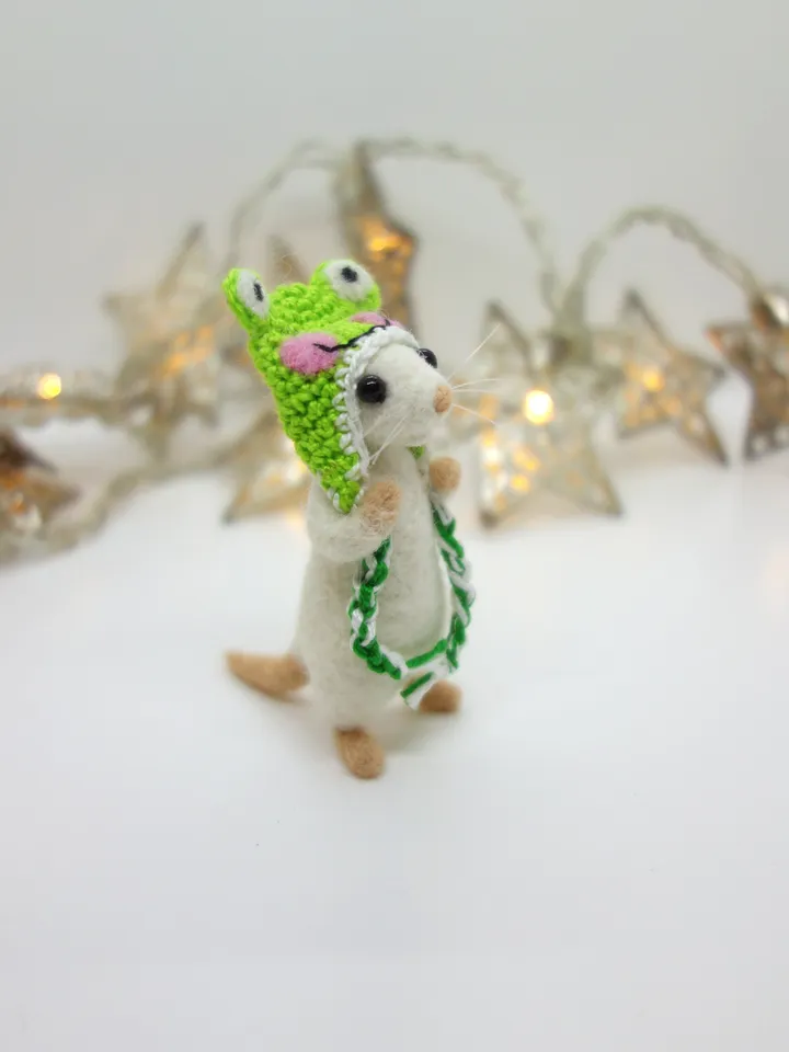 Charlie the mouse, miniature needle felted white mouse in a frog hat, made to order