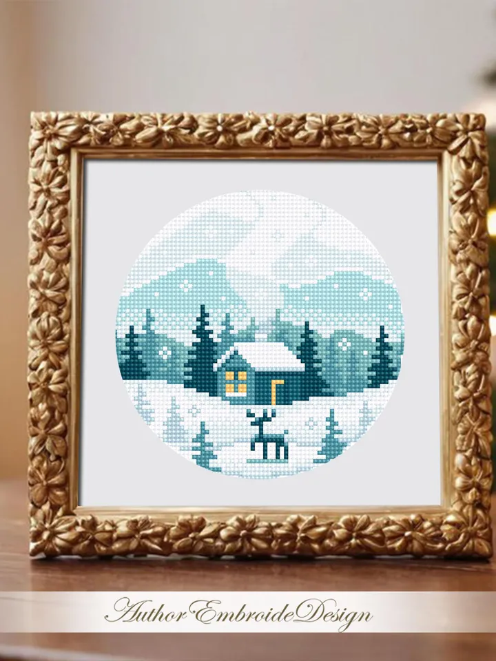 Winter landscape cross stitch pattern PDF download Winter forest cross stitch chart, Small pattern digital PDF beginner House in forest #L91