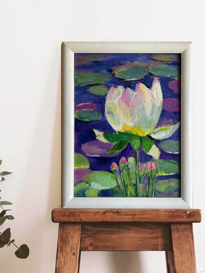 Water lily painting, original oil painting, framed flower painting, White lotus wall art