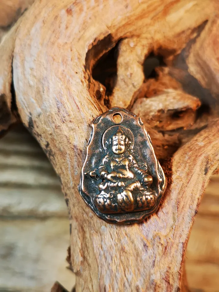 Gandhanra Handmade Amulet,Yellow Jambhala Pendant with Leather Necklace,Made of Brass