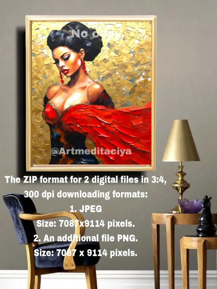 Digital abstract textural painting "Dancing Carmen" in the style of impasto palette knife oil painting on an abstract golden mosaic background with white and gray is a 3d image of a dynamic Spanish brunette with fluffy eyelashes, in a black and red neckli
