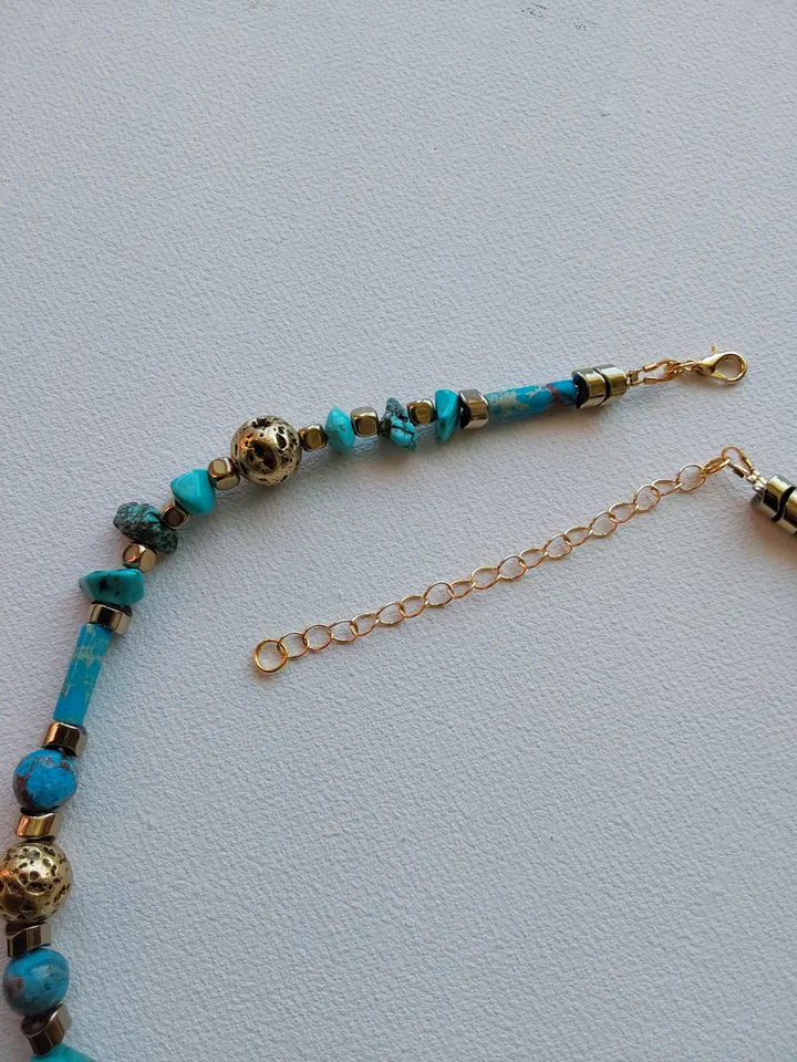 Choker, necklace, beads made of turquoise, volcanic lava, tinted in antique gold colorand, gilded hematite. Length 42-50cm